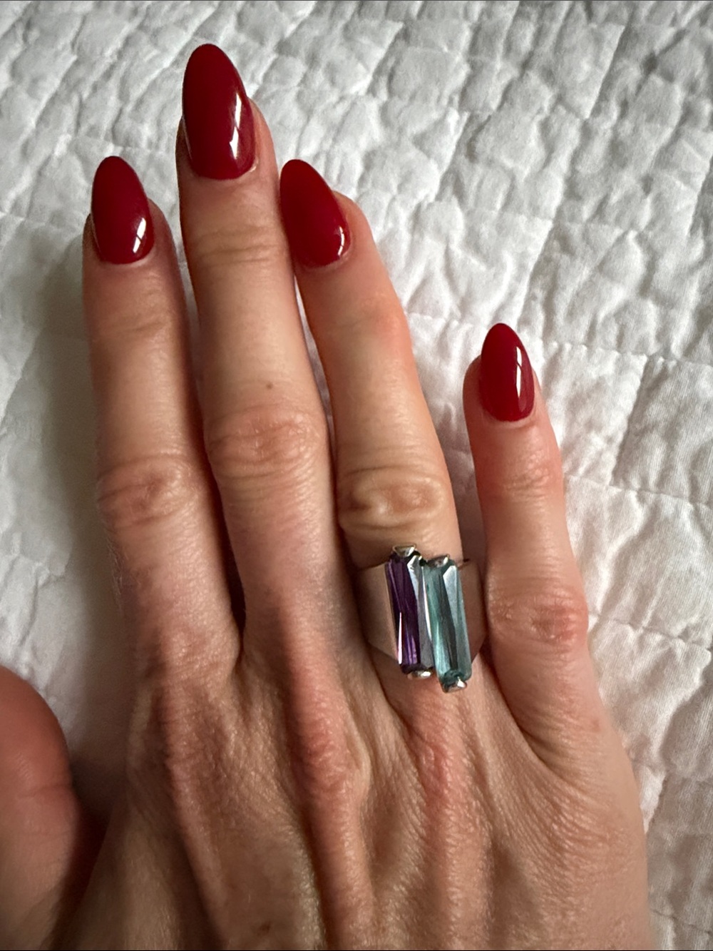 Silver Ring with Purple and Aqua Gemstones - Elegant Women's Fashion Ring